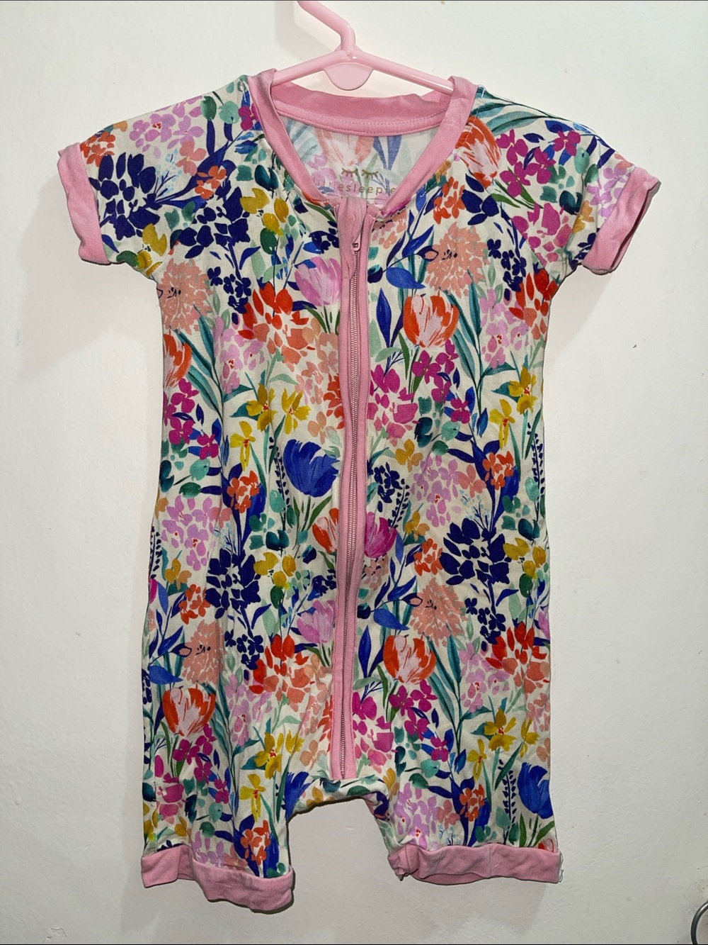Little Sleepies Multicolor Floral Zip Front Romper Sleeper Pink Trim Sz 12/18M